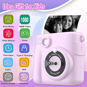 Esoxoffore Kids Instant Print Camera with 32GB SD Card, Purple, Birthday Gift for Ages 4–10