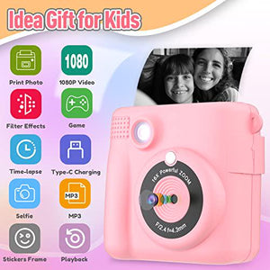 Esoxoffore Kids Instant Print Camera, 32GB SD, Pink, Gift for Girls Ages 3–12, HD Video & Photo Toy