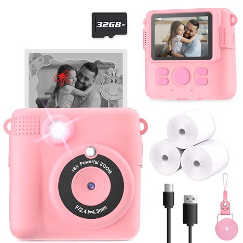 Esoxoffore Kids Instant Print Camera, 32GB SD, Pink, Gift for Girls Ages 3–12, HD Video & Photo Toy