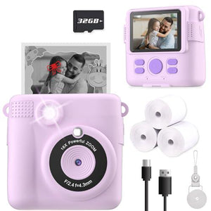 Esoxoffore Kids Instant Print Camera with 32GB SD Card, Purple, Birthday Gift for Ages 4–10