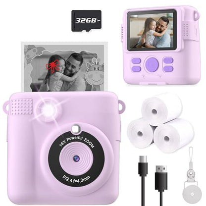 Esoxoffore Kids Instant Print Camera with 32GB SD Card, Purple, Birthday Gift for Ages 4–10