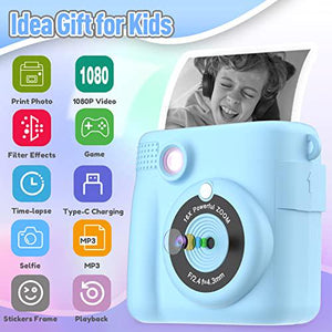 Esoxoffore Instant Print Camera for Kids Ages 3 to 12 Birthday Gift with Selfie Mode and 1080p Video Blue Travel Toy Camera