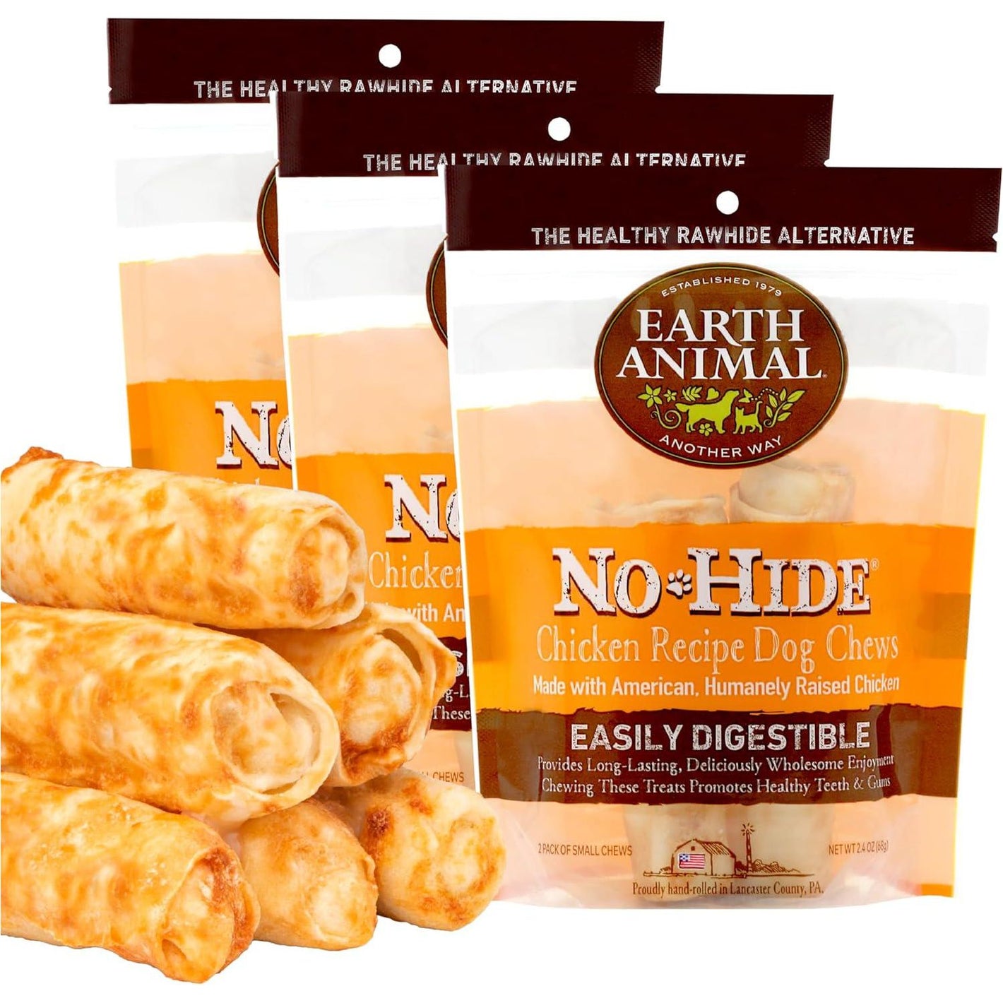 Earth Animal No-Hide Dog Chew Rolls, Chicken Flavor, Small Size, 2 Count per Pack, 3 Packs, Long-Lasting, Rawhide Alternative