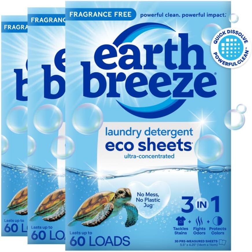 Earth Breeze Earth Breeze Laundry Detergent Sheets Fragrance-Free - 60 Loads Eco Liquidless Soap - Travel-Friendly For Hot And Cold Cycles, Tackles Tough Stains And Odors - Gentle On Sensitive Skin, 90 Ct (3 Pack)