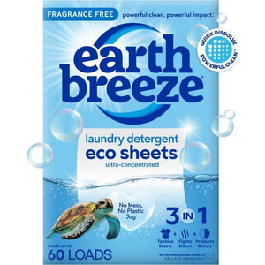 Earth Breeze Laundry Detergent Sheets, Fragrance-Free, 60 Loads, Eco-Friendly, Travel-Friendly, Tough on Stains