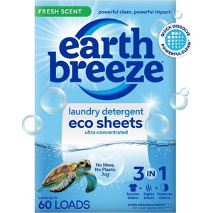 Earth Breeze Laundry Detergent Sheets, Fresh Scent 60 Loads, Eco-Friendly, Liquidless Soap, Travel-Friendly, Tough on Stains, Gentle on Skin