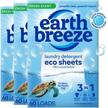 Earth Breeze Laundry Detergent Sheets, Fresh Scent, Eco-Friendly, Liquidless Soap, Travel-Friendly, Tackles Tough Stains & Odors, 60 Loads, 90 ct (3-Pack)