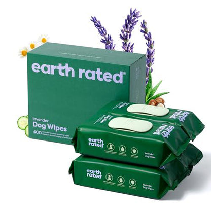 Earth Rated Dog Wipes 400 Count Lavender Scented Hypoallergenic Cleansing Wipes for Paws and Coat