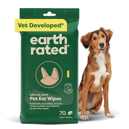 Earth Rated Pet Ear Wipes 70 Count Wild Oat Scent Hypoallergenic Dog and Cat Ear Cleaning Wipes