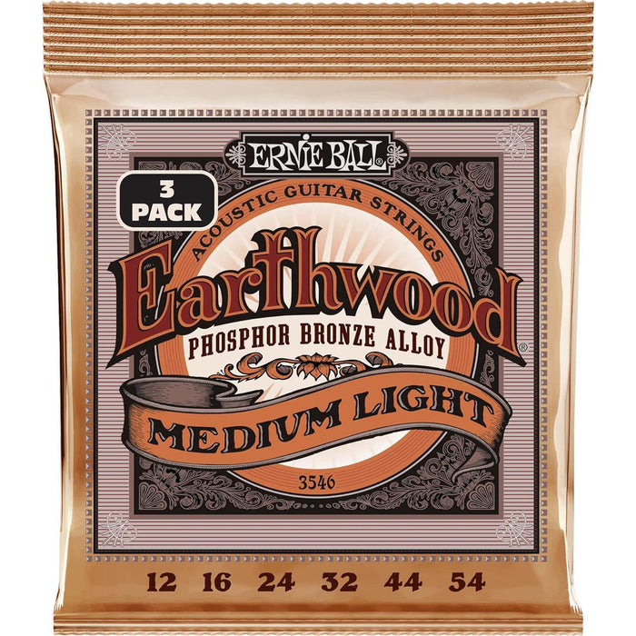 Earthwood Medium Light Phosphor Bronze Acoustic Guitar Strings, 3-Pack, 12-54 Gauge