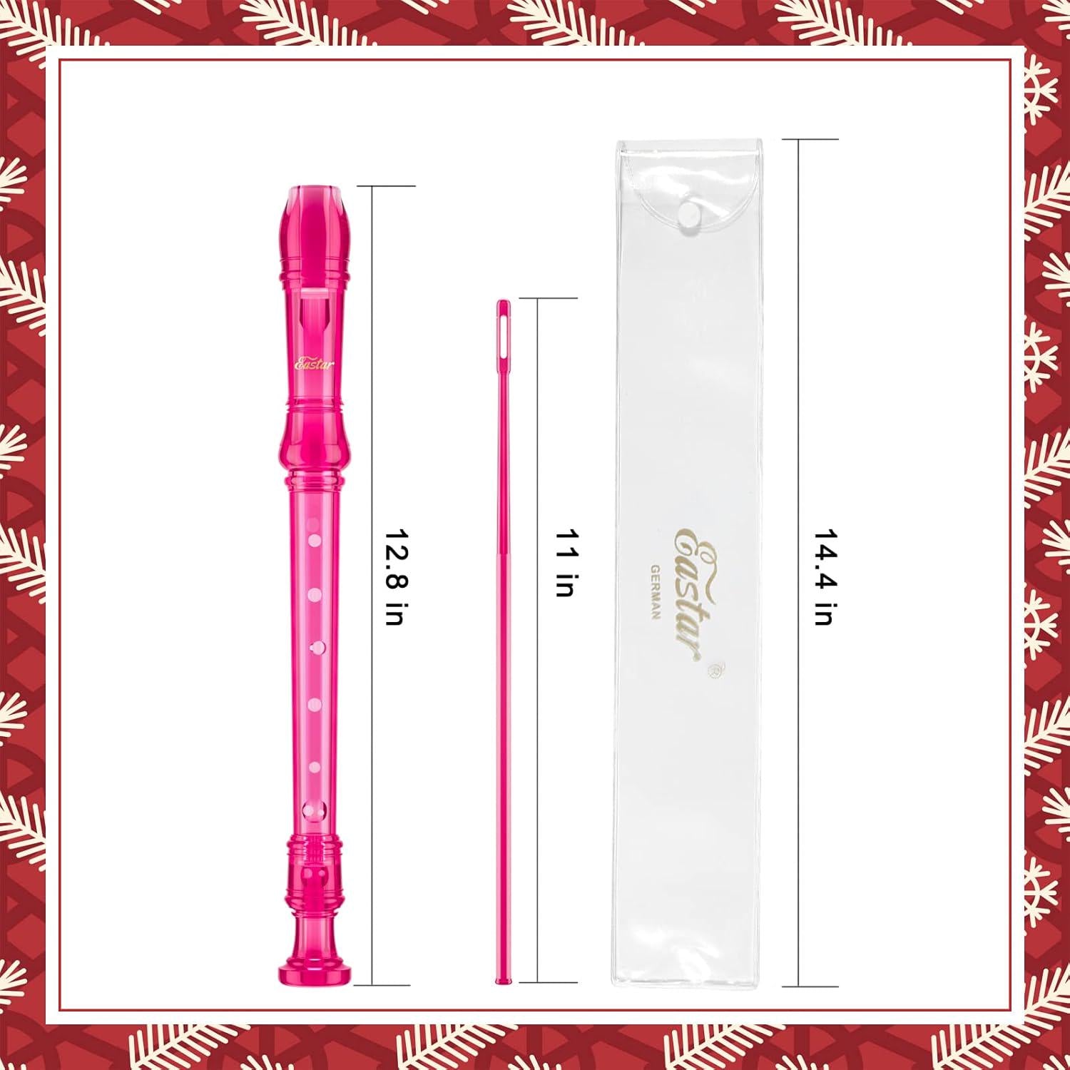Eastar Soprano Recorder Instrument For Kids Students Beginners, German Fingering C Key Recorder Instrument 3 Piece With Cleaning Kit, Storage Bag, Fingering Chart, ERS-1GP, Pink, School-Approved,