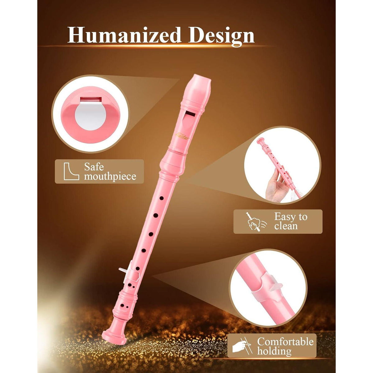 Eastar Soprano Recorder Instrument For Kids Beginners, German Fingering C Key Recorder Instrument 3 Piece With Cleaning Kit, Thumb Rest, Cotton Bag, Fingering Chart, ERS-21GP, Pink, School-Approved,
