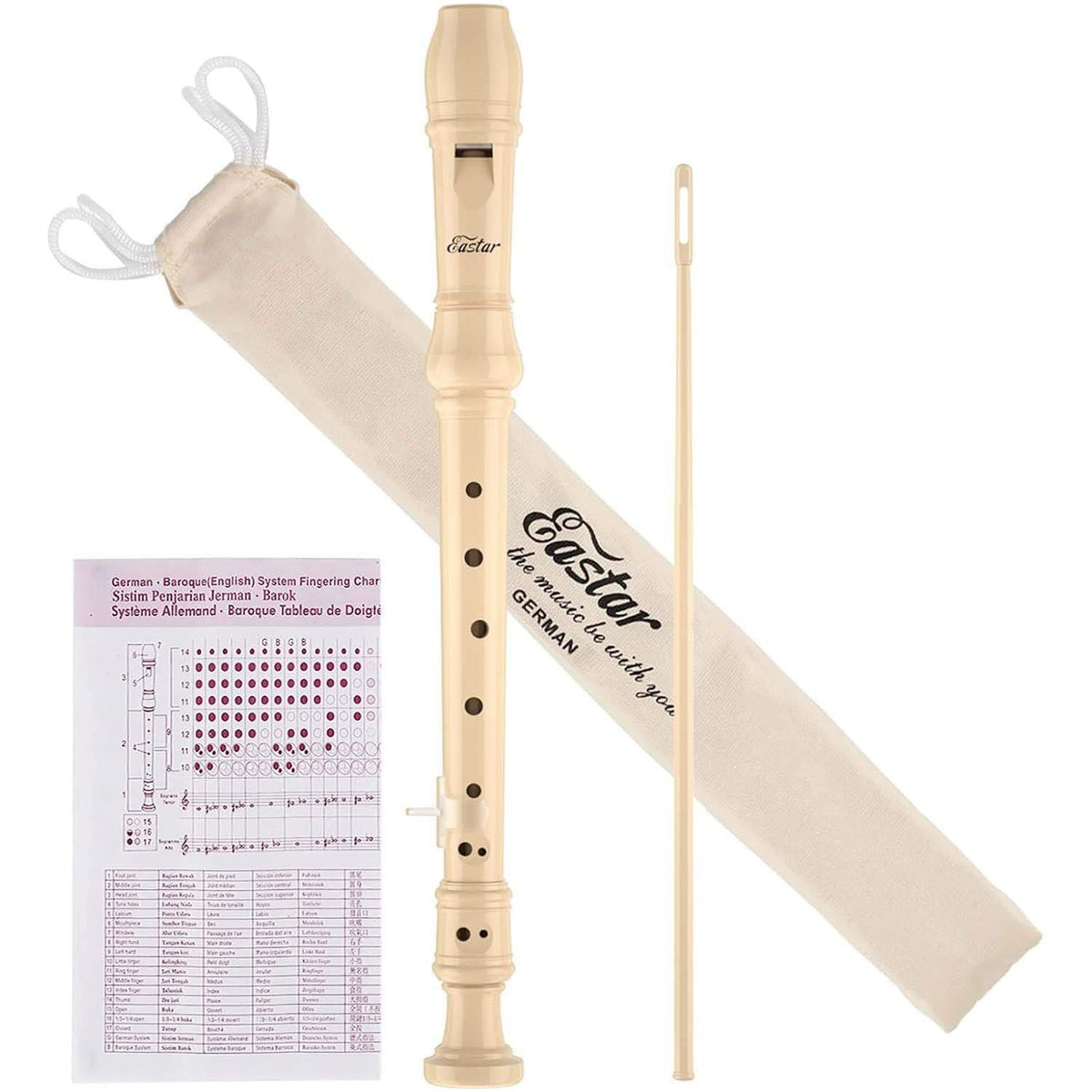 Eastar Soprano Recorder Instrument For Kids Beginners, German Fingering C Key Recorder Instrument 3 Piece With Cleaning Kit, Thumb Rest, Cotton Bag, Fingering Chart, ERS-21GN, Natural, School-Approved,