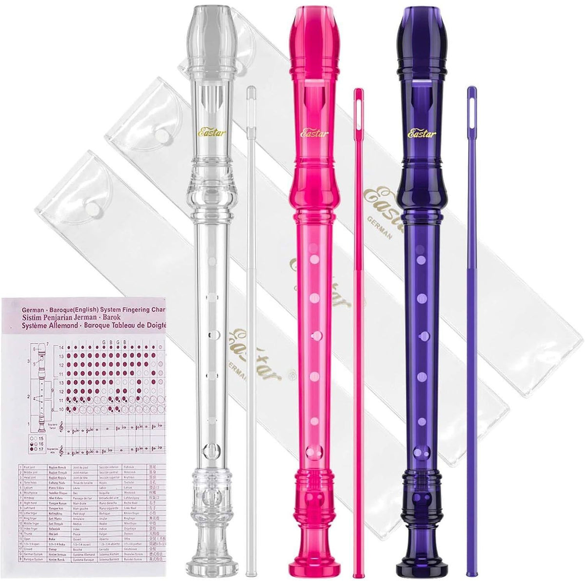 Eastar Soprano Recorder Instrument For Kids Beginners, German Fingering C Key Recorder Set 3 Piece With Cleaning Kit, Storage Bag, Fingering Chart, ERS-3G1, School-Approved, Transparent Pink Purple,