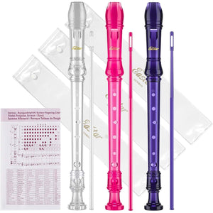 Eastar Soprano Recorder Instrument For Kids Beginners, German Fingering C Key Recorder Set 3 Piece With Cleaning Kit, Storage Bag, Fingering Chart, ERS-3G1, School-Approved, Transparent Pink Purple,
