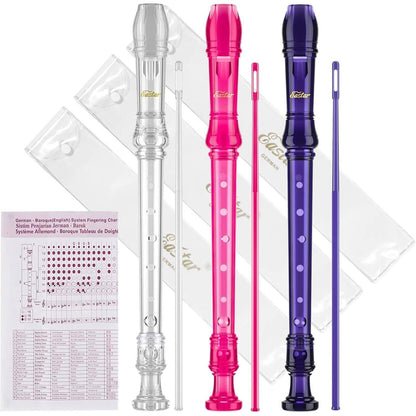 Eastar Soprano Recorder Instrument For Kids Beginners, German Fingering C Key Recorder Set 3 Piece With Cleaning Kit, Storage Bag, Fingering Chart, ERS-3G1, School-Approved, Transparent Pink Purple,
