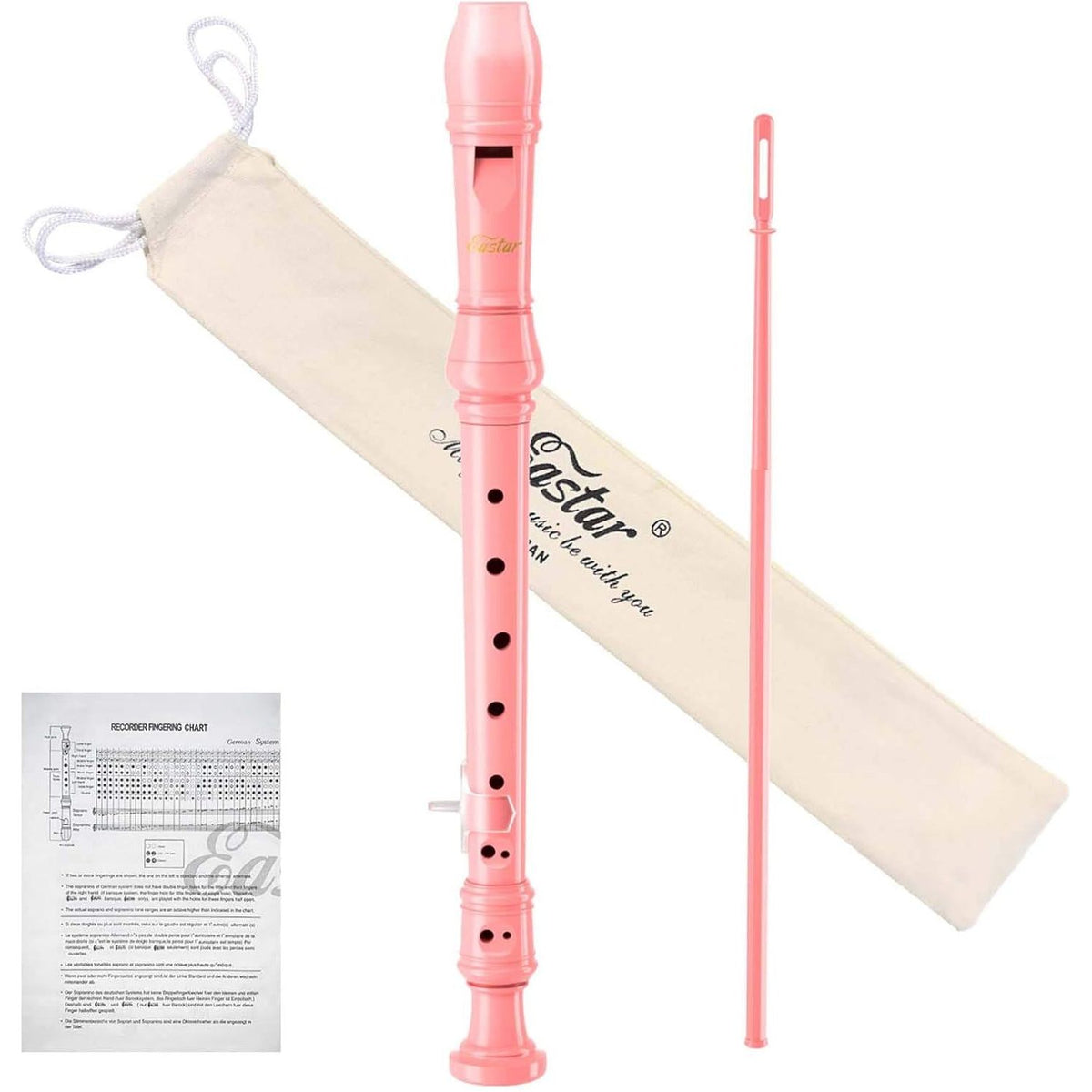 Eastar Soprano Recorder Instrument For Kids Beginners, German Fingering C Key Recorder Instrument 3 Piece With Cleaning Kit, Thumb Rest, Cotton Bag, Fingering Chart, ERS-21GP, Pink, School-Approved,