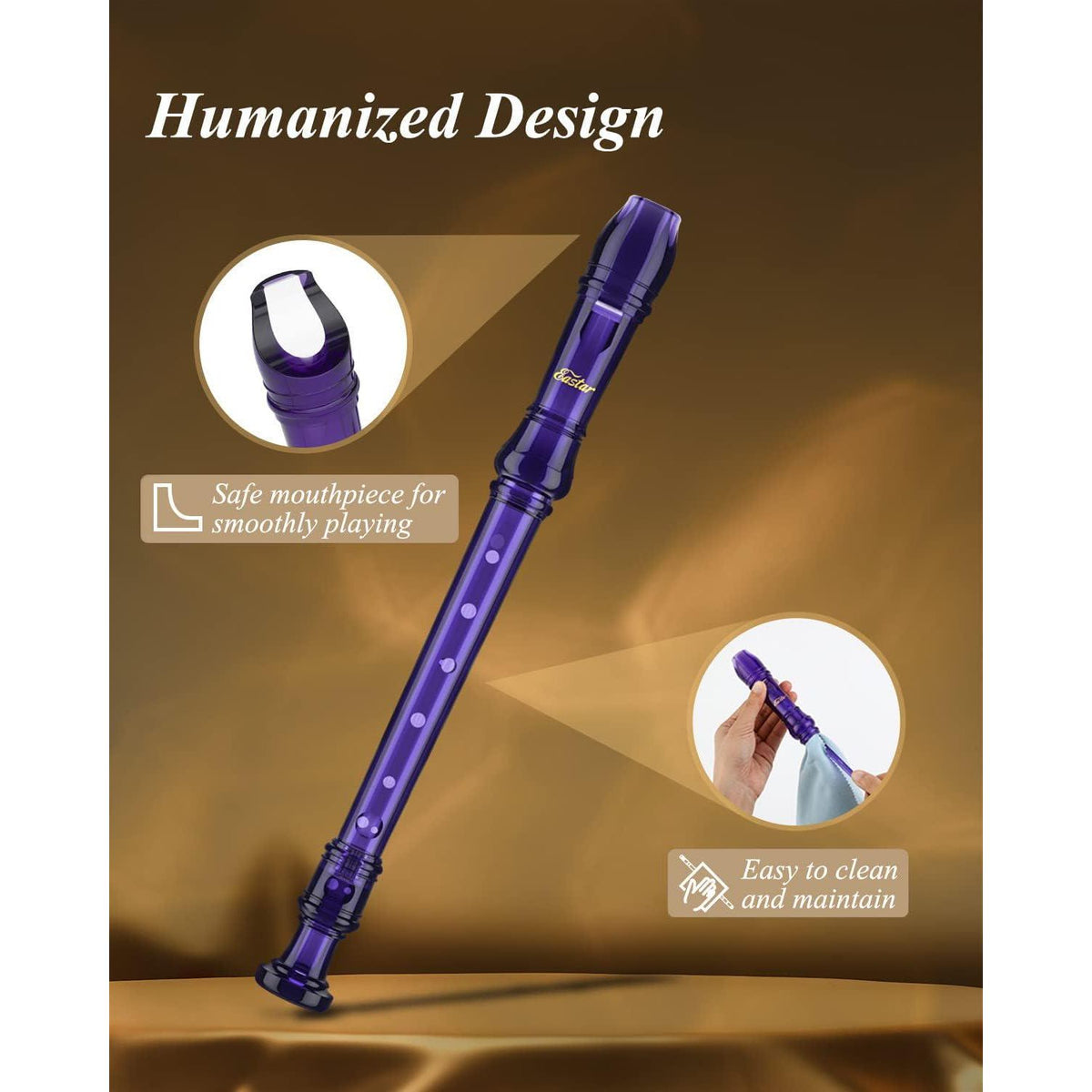 Eastar Soprano Recorder Instrument For Kids Students Beginners, German Fingering C Key Recorder Instrument 3 Piece With Cleaning Kit, Storage Bag, Fingering Chart, ERS-1GPu, Purple, School-Approved,