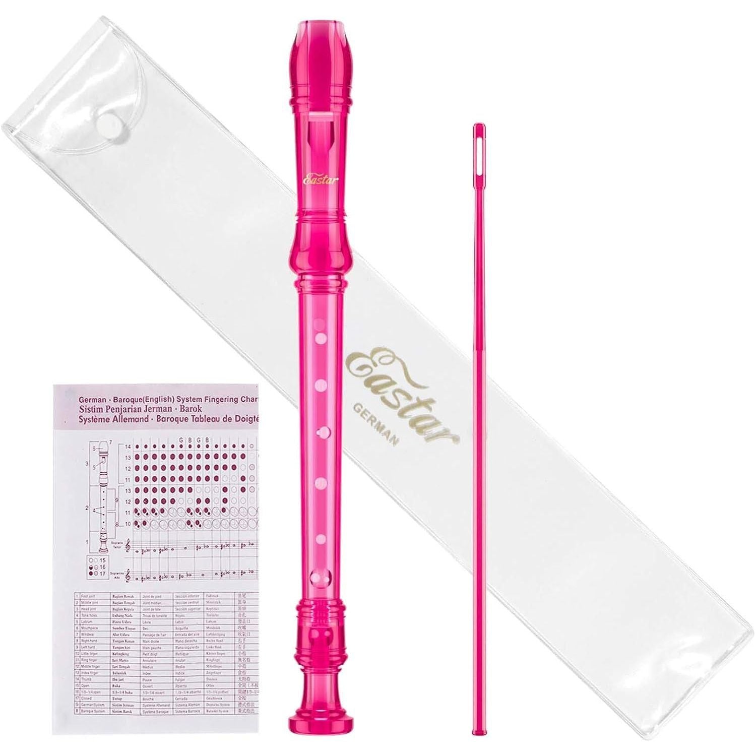 Eastar Soprano Recorder Instrument For Kids Students Beginners, German Fingering C Key Recorder Instrument 3 Piece With Cleaning Kit, Storage Bag, Fingering Chart, ERS-1GP, Pink, School-Approved,