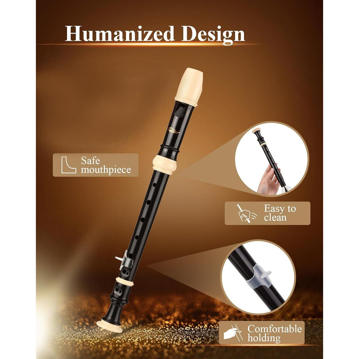 Eastar Soprano Recorder For Beginners Kids, Baroque Style C Key Recorder Instrument ABS Classic 3 Piece With Cleaning Kit, Thumb Rest, Leather Bag, Fingering Chart, Brown, ERS-21BB,