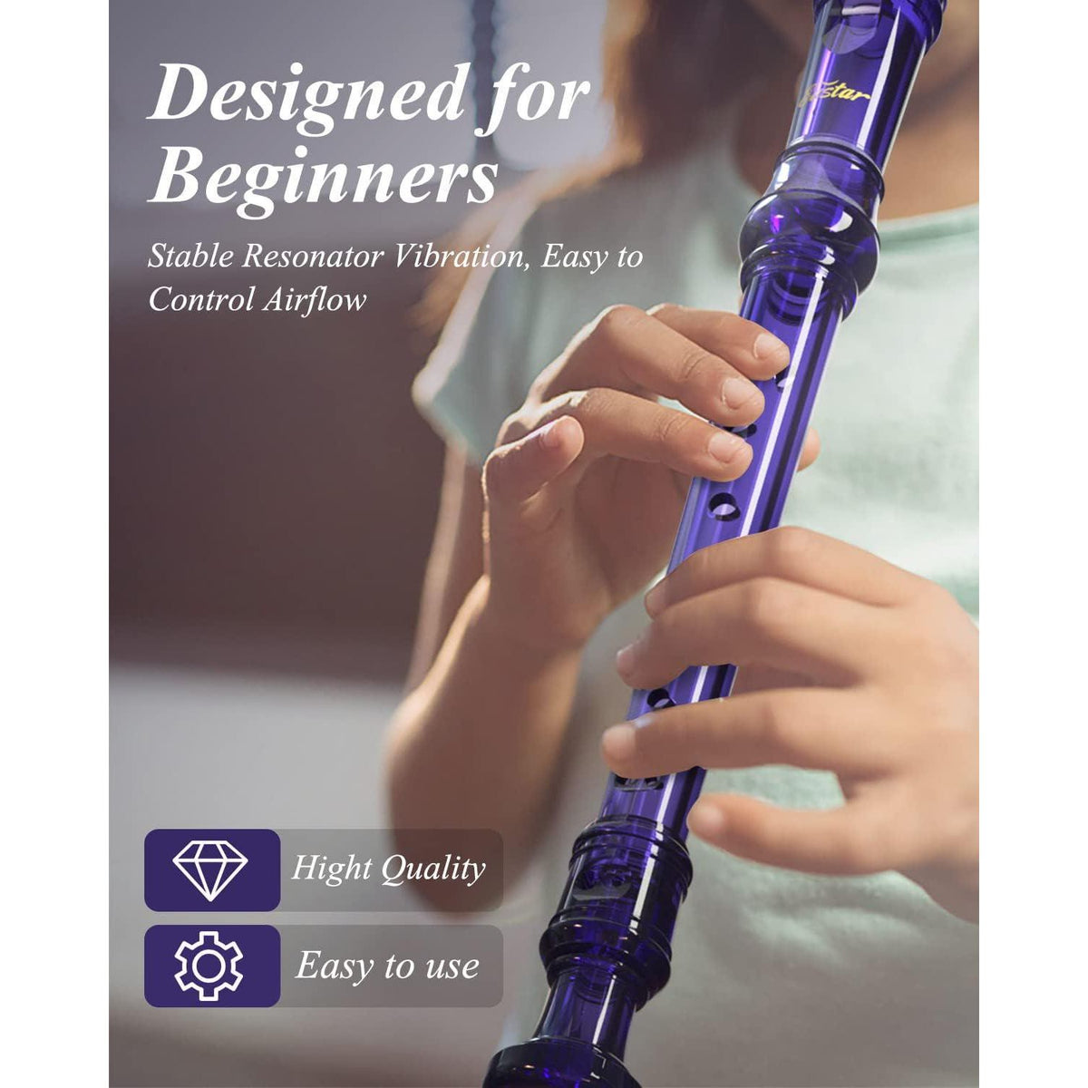Eastar Soprano Recorder Instrument For Kids Students Beginners, German Fingering C Key Recorder Instrument 3 Piece With Cleaning Kit, Storage Bag, Fingering Chart, ERS-1GPu, Purple, School-Approved,