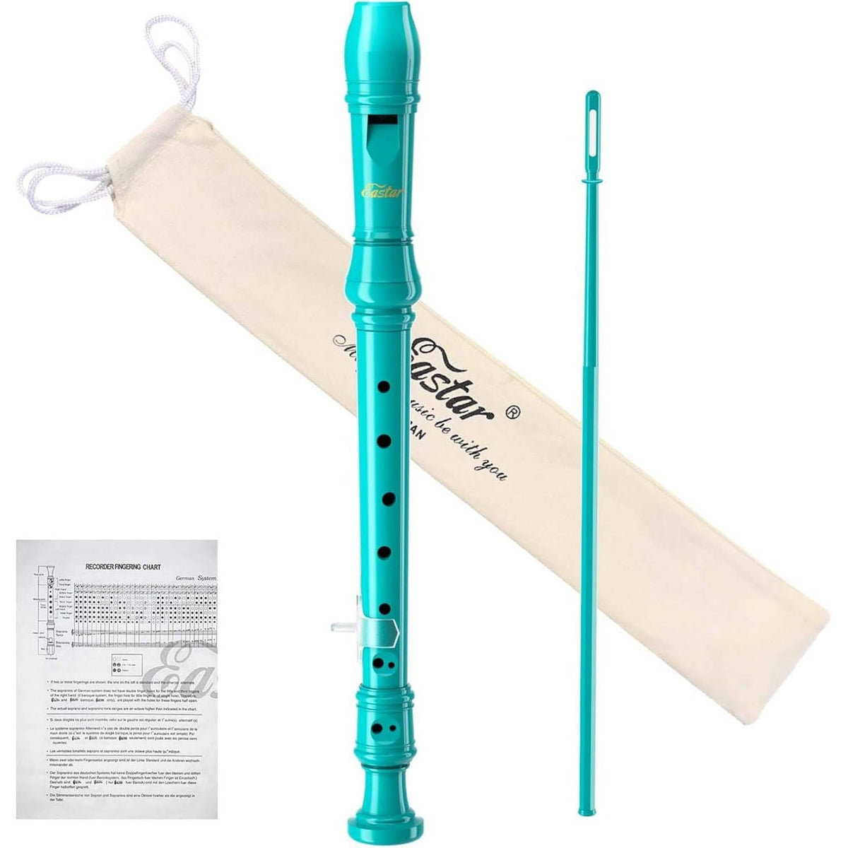 Eastar Soprano Recorder Instrument For Kids Beginner, German Fingering C Key Recorder Instrument 3Piece With Cleaning Kit, Thumb Rest, Cotton Bag, Fingering Chart, ERS-21GSB, Sky Blue, School-Approved,
