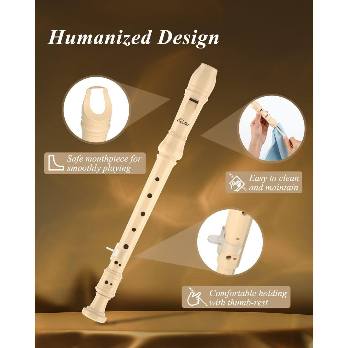 Eastar Soprano Recorder Instrument For Kids Beginner, Baroque Fingering C Key Recorder Instrument 3 Piece With Cleaning Kit, Thumb Rest, Cotton Bag, Fingering Chart, ERS-21BN, Natural, School-Approved,