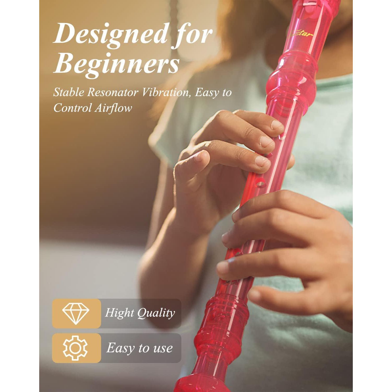 Eastar Soprano Recorder Instrument For Kids Students Beginners, German Fingering C Key Recorder Instrument 3 Piece With Cleaning Kit, Storage Bag, Fingering Chart, ERS-1GP, Pink, School-Approved,