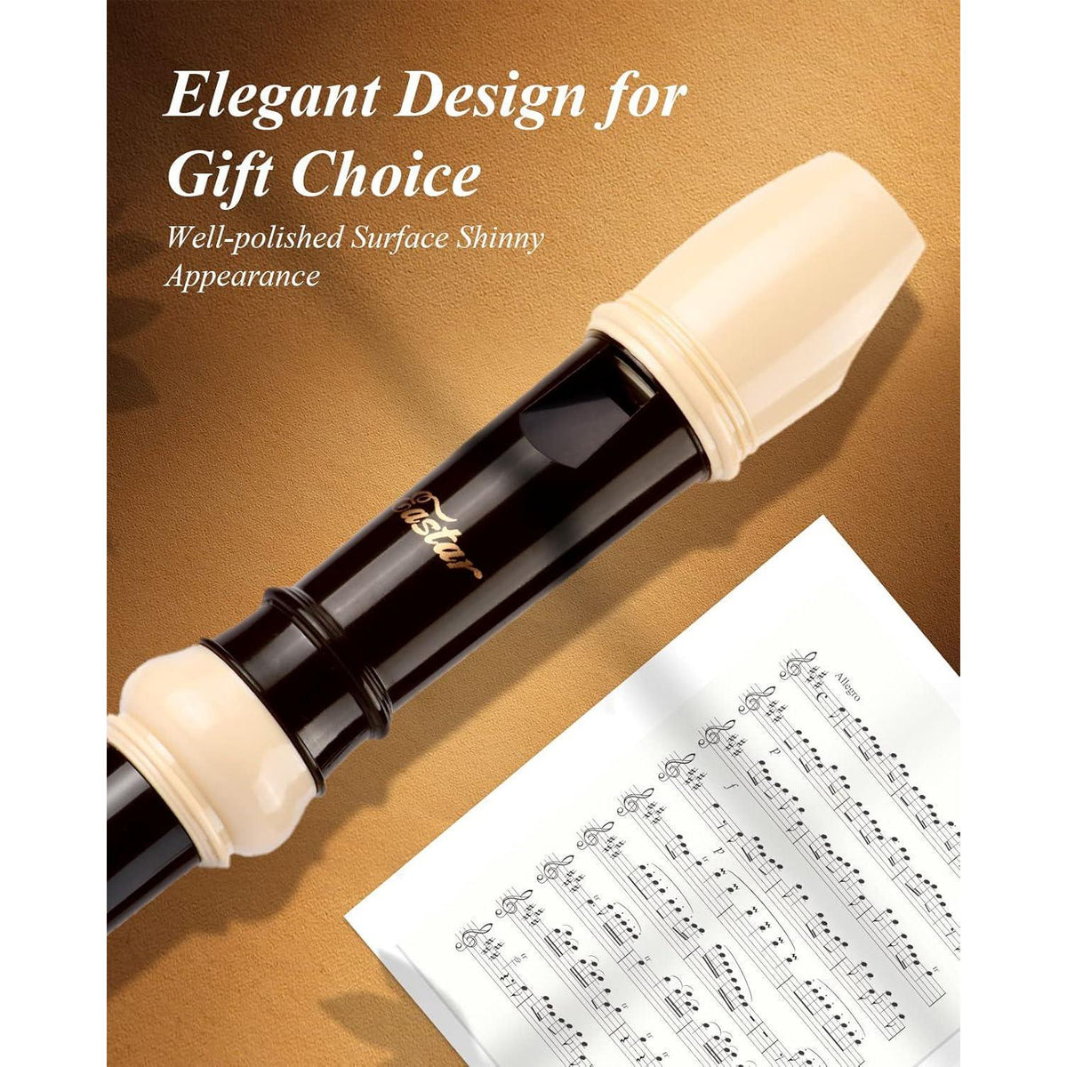 Eastar Soprano Recorder For Beginners Kids, Baroque Style C Key Recorder Instrument ABS Classic 3 Piece With Cleaning Kit, Thumb Rest, Leather Bag, Fingering Chart, Brown, ERS-21BB,