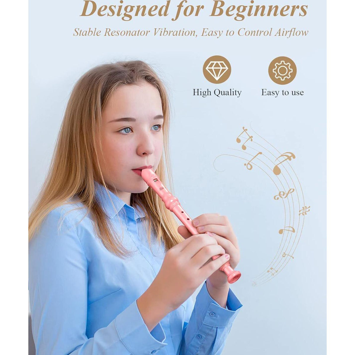 Eastar Soprano Recorder Instrument For Kids Beginners, German Fingering C Key Recorder Instrument 3 Piece With Cleaning Kit, Thumb Rest, Cotton Bag, Fingering Chart, ERS-21GP, Pink, School-Approved,
