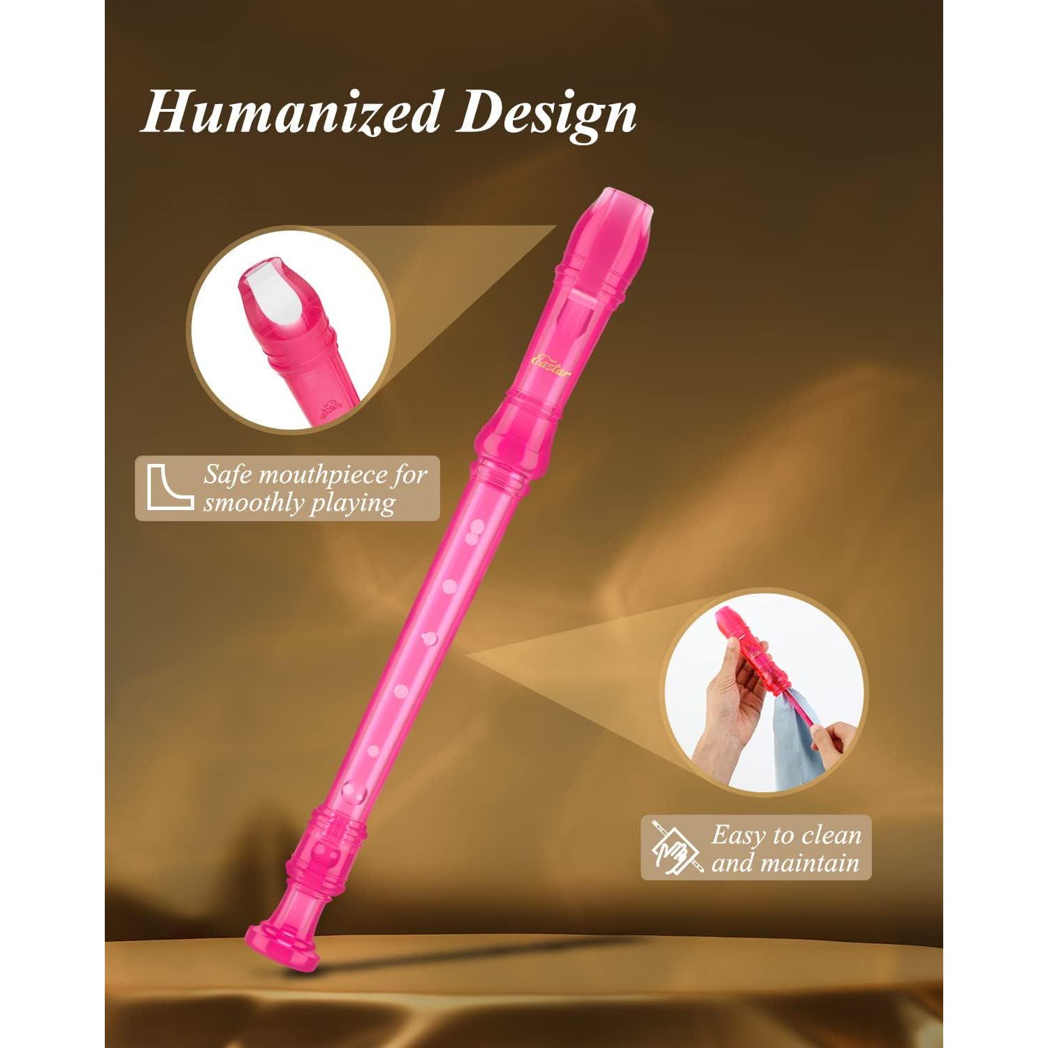 Eastar Soprano Recorder Instrument For Kids Students Beginners, German Fingering C Key Recorder Instrument 3 Piece With Cleaning Kit, Storage Bag, Fingering Chart, ERS-1GP, Pink, School-Approved,