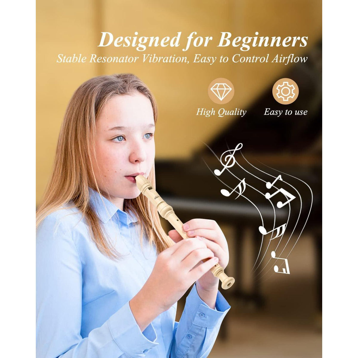 Eastar Soprano Recorder Instrument For Kids Beginner, Baroque Fingering C Key Recorder Instrument 3 Piece With Cleaning Kit, Thumb Rest, Cotton Bag, Fingering Chart, ERS-21BN, Natural, School-Approved,