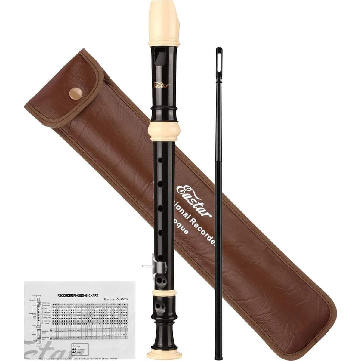 Eastar Soprano Recorder For Beginners Kids, Baroque Style C Key Recorder Instrument ABS Classic 3 Piece With Cleaning Kit, Thumb Rest, Leather Bag, Fingering Chart, Brown, ERS-21BB,