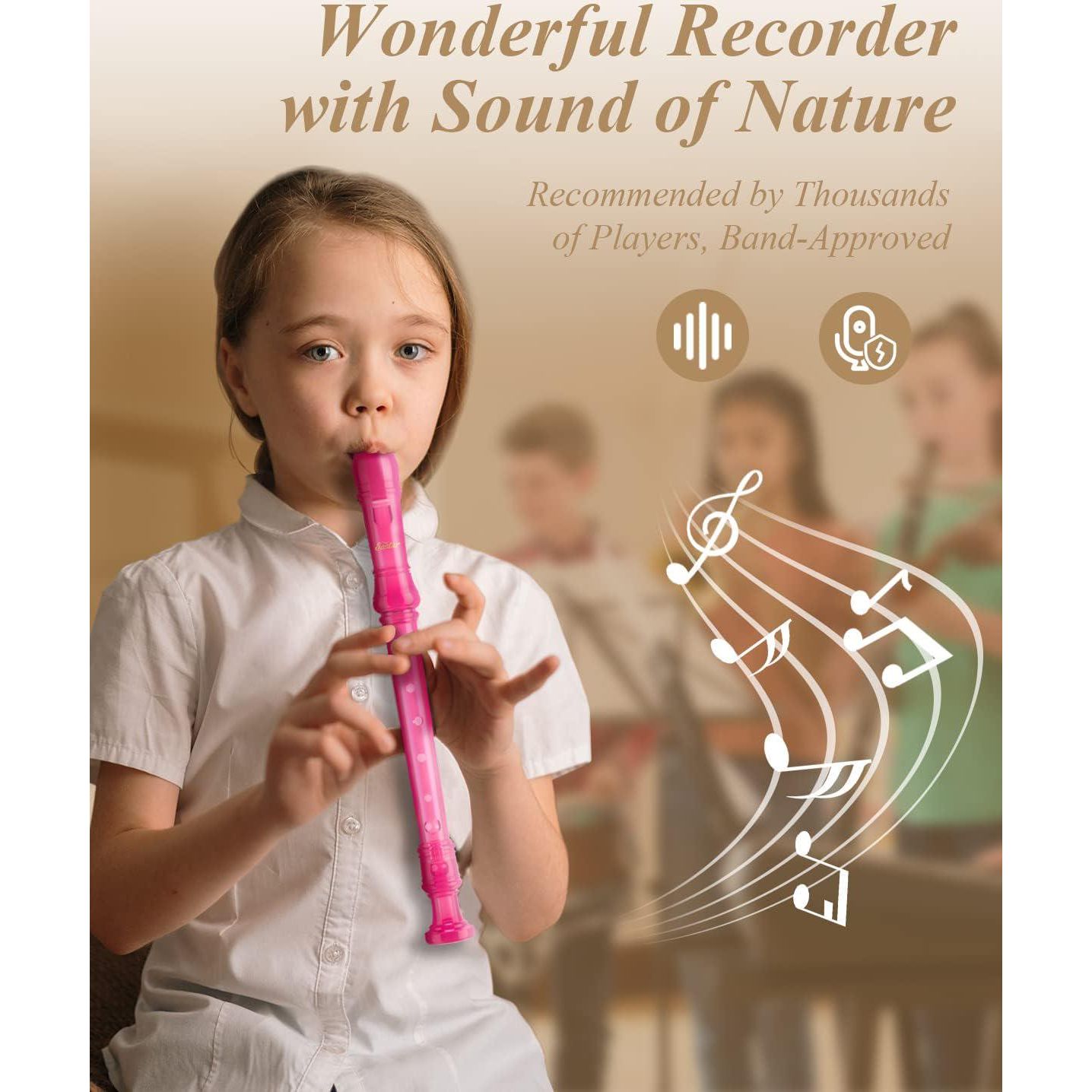 Eastar Soprano Recorder Instrument For Kids Students Beginners, German Fingering C Key Recorder Instrument 3 Piece With Cleaning Kit, Storage Bag, Fingering Chart, ERS-1GP, Pink, School-Approved,