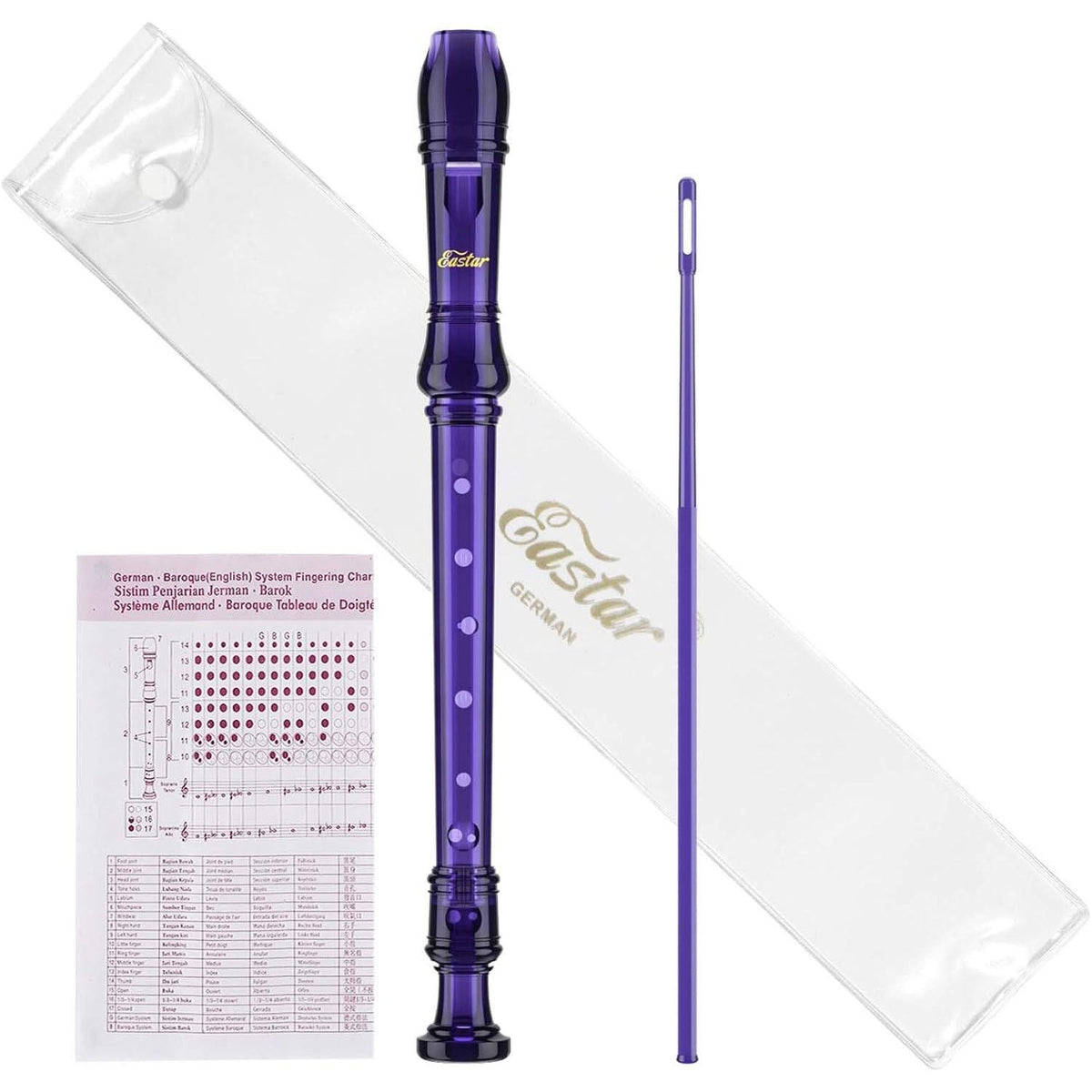 Eastar Soprano Recorder Instrument For Kids Students Beginners, German Fingering C Key Recorder Instrument 3 Piece With Cleaning Kit, Storage Bag, Fingering Chart, ERS-1GPu, Purple, School-Approved,