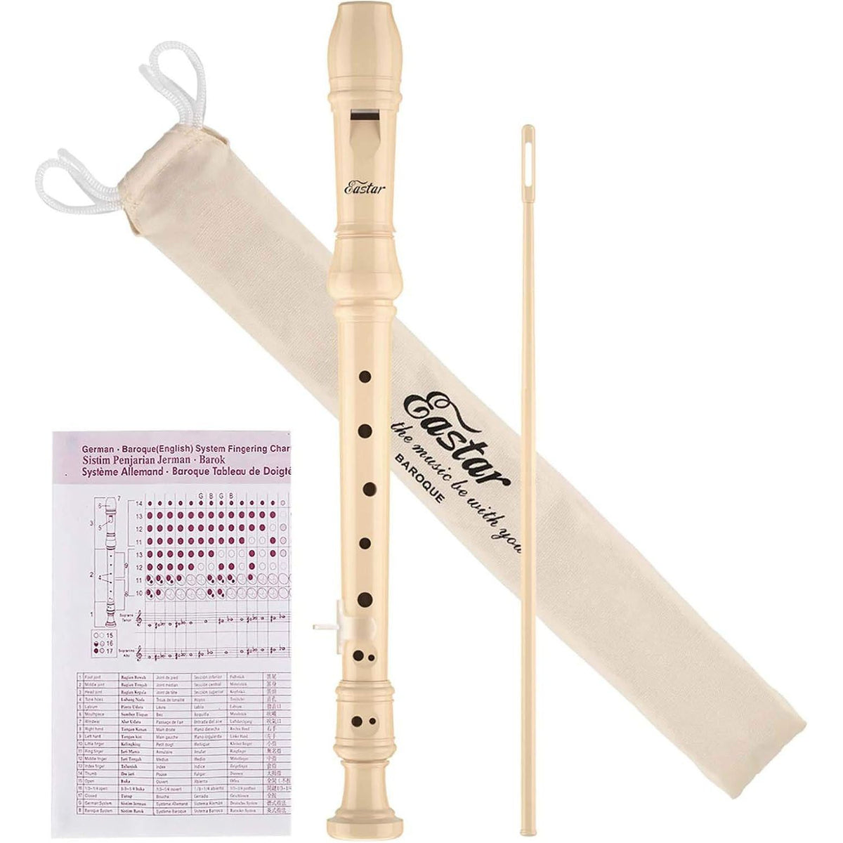 Eastar Soprano Recorder Instrument For Kids Beginner, Baroque Fingering C Key Recorder Instrument 3 Piece With Cleaning Kit, Thumb Rest, Cotton Bag, Fingering Chart, ERS-21BN, Natural, School-Approved,