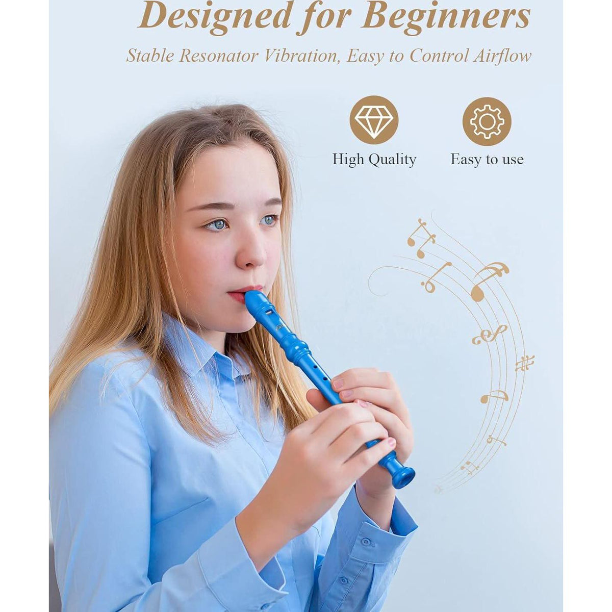 Eastar Soprano Recorder Instrument For Kids Beginners, German Fingering C Key Recorder Instrument 3 Piece With Cleaning Kit, Thumb Rest, Cotton Bag, Fingering Chart, ERS-21GB, Blue, School-Approved,