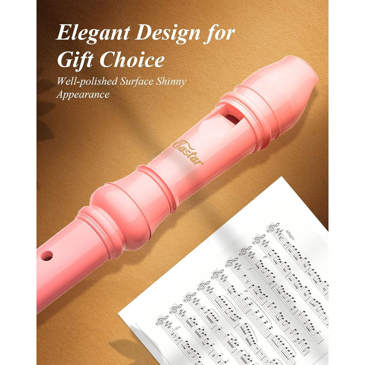 Eastar Soprano Recorder Instrument For Kids Beginners, German Fingering C Key Recorder Instrument 3 Piece With Cleaning Kit, Thumb Rest, Cotton Bag, Fingering Chart, ERS-21GP, Pink, School-Approved,