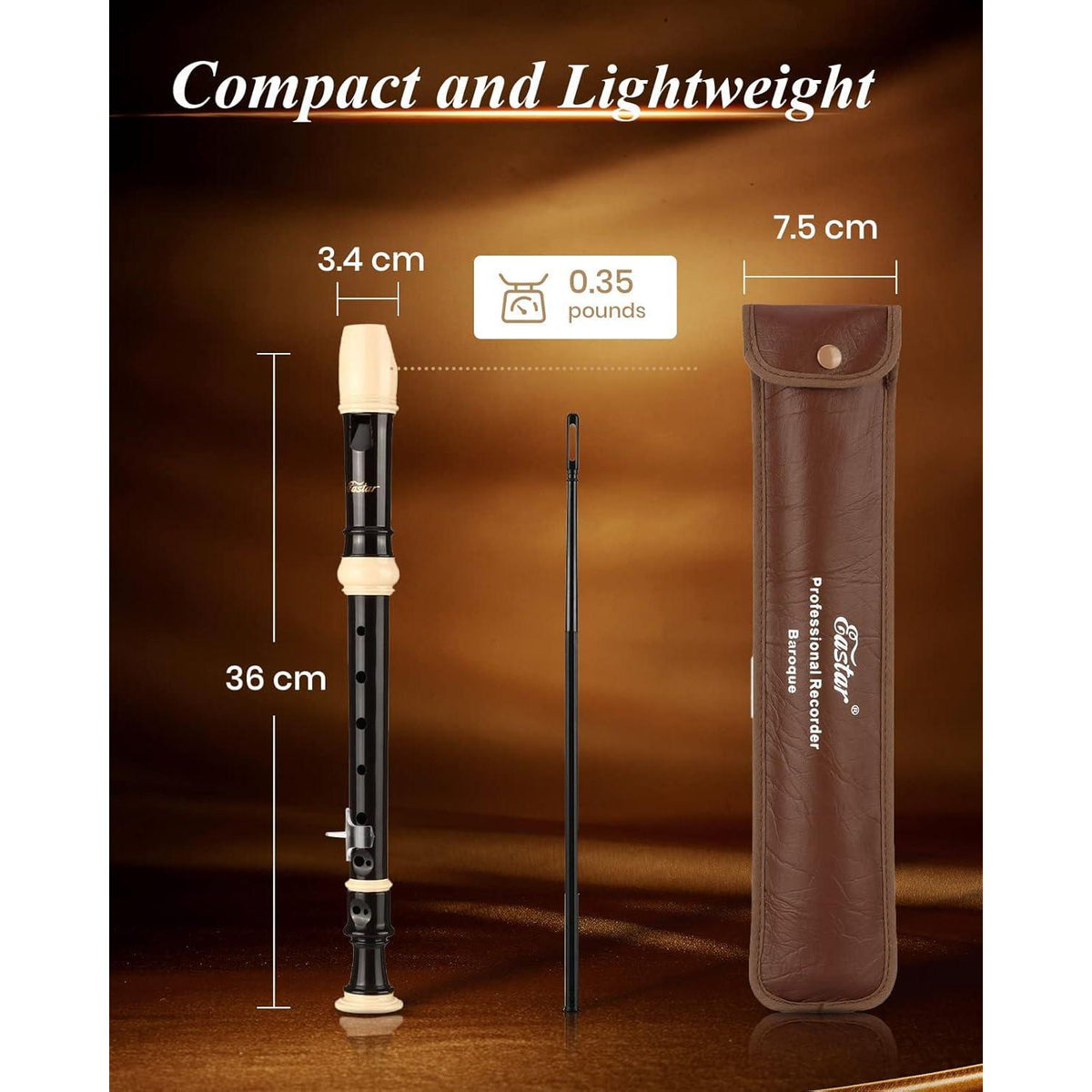 Eastar Soprano Recorder For Beginners Kids, Baroque Style C Key Recorder Instrument ABS Classic 3 Piece With Cleaning Kit, Thumb Rest, Leather Bag, Fingering Chart, Brown, ERS-21BB,
