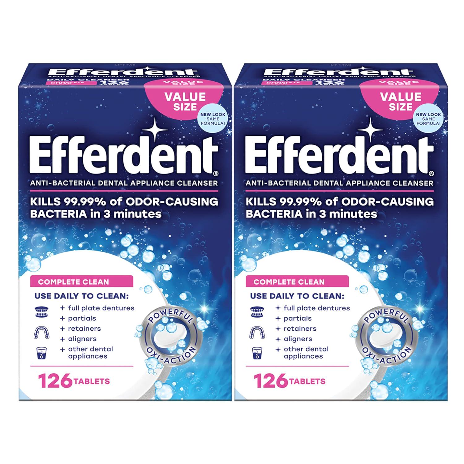 Efferdent Denture Cleaner Complete Clean, Retainer Cleaning Tablets For Aligners, Dentures, And Dental Appliances, 126 Count, 2 Pack,