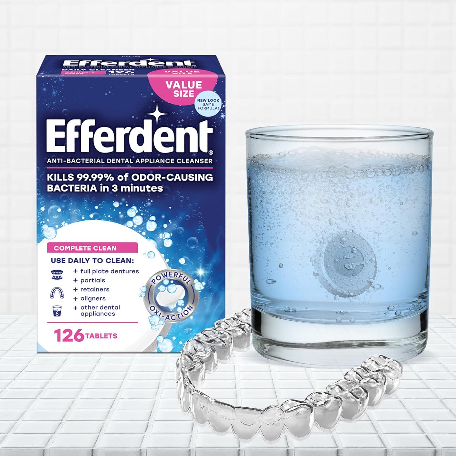 Efferdent Denture Cleaner Complete Clean, Retainer Cleaning Tablets For Aligners, Dentures, And Dental Appliances, 126 Count, 2 Pack,