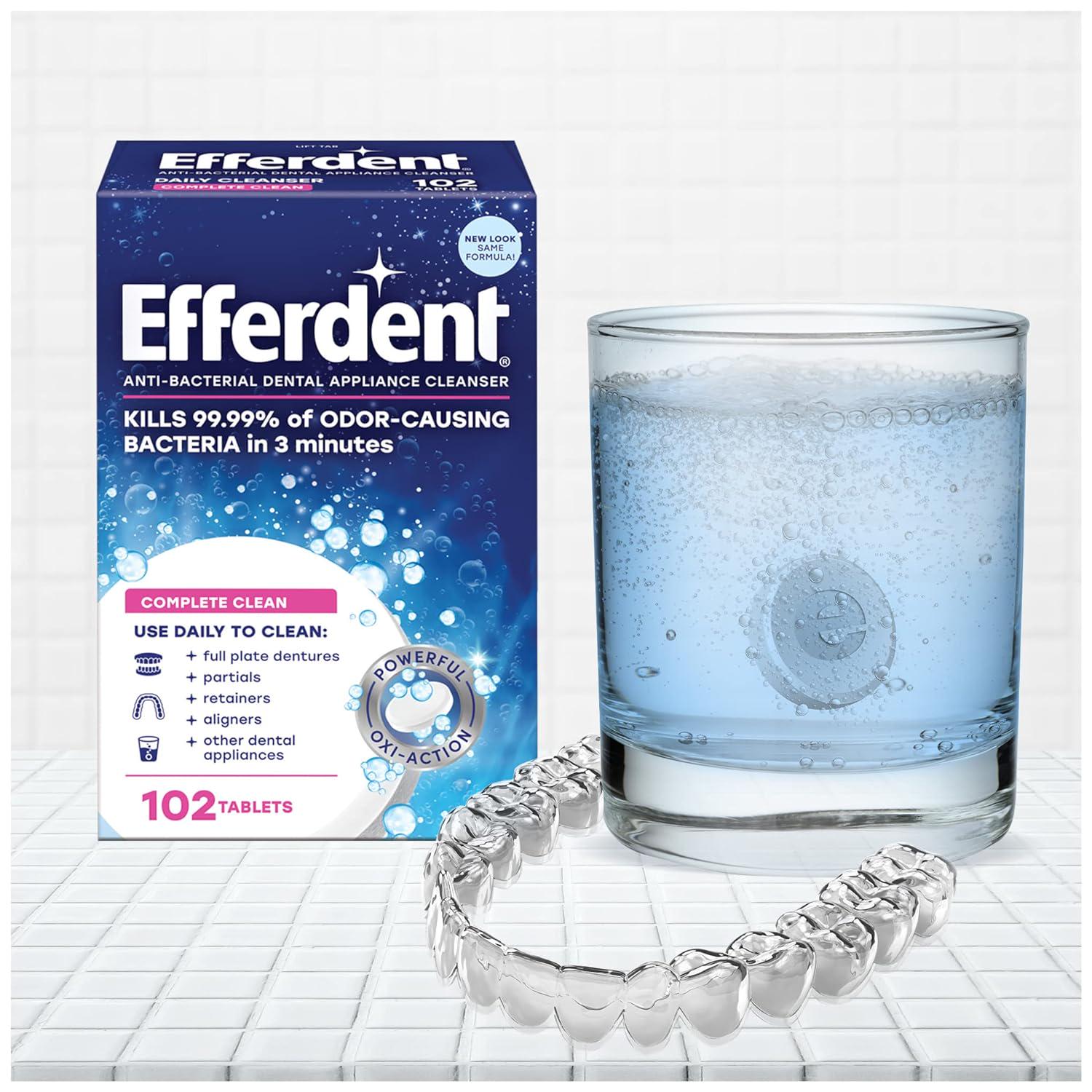 Efferdent Retainer Cleaning Tablets, Denture Cleanser Tablets For Dental Appliances, Complete Clean, 102 Tablets,