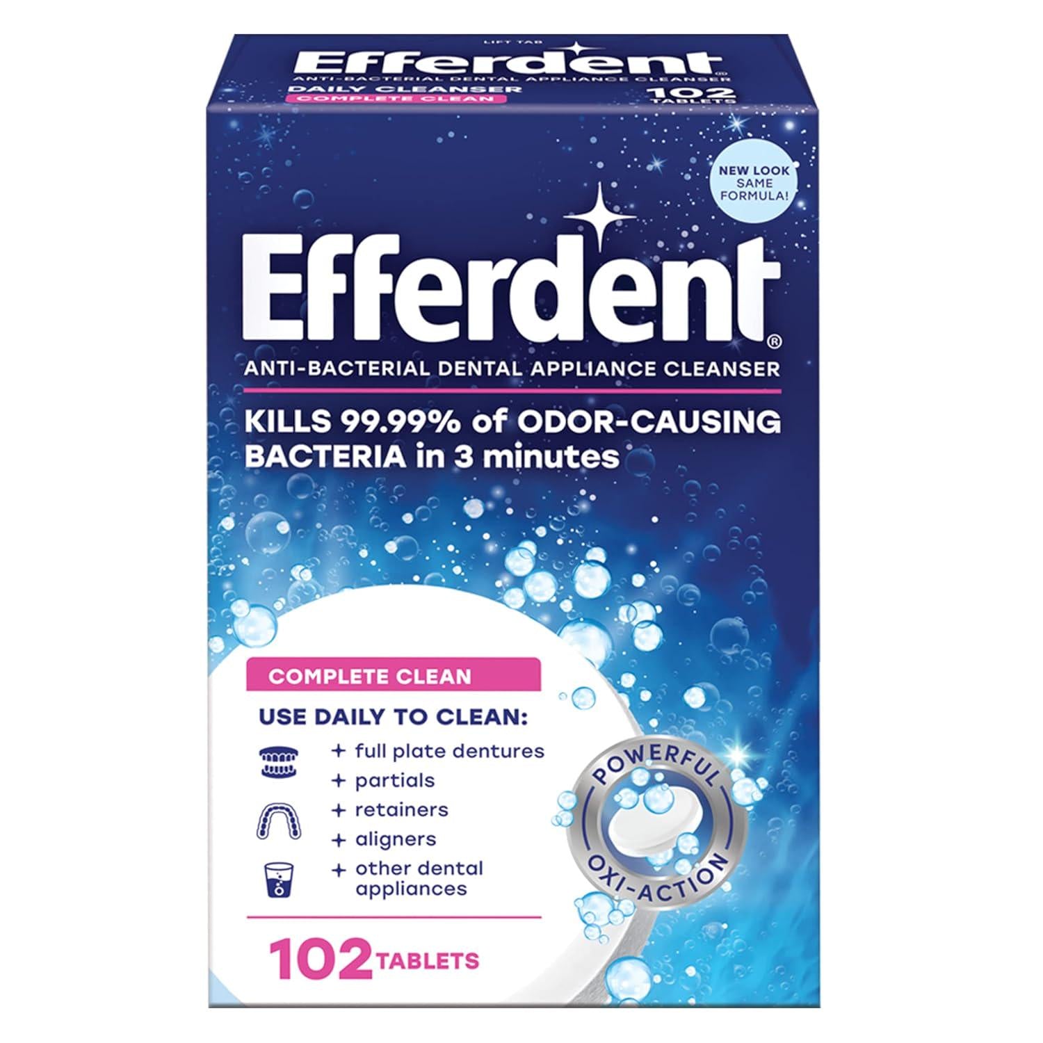 Efferdent Retainer Cleaning Tablets, Denture Cleanser Tablets For Dental Appliances, Complete Clean, 102 Tablets,