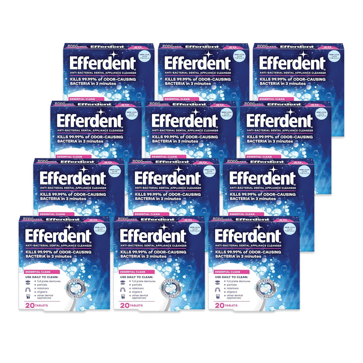 Efferdent Retainer Cleaning Tablets, Denture Cleaning Tablets For Dental Appliances, Essential Clean, 20 Count, 12 Pack,