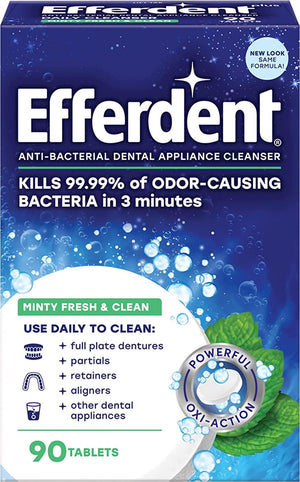 Efferdent Retainer Cleaning Tablets, Denture Cleanser Tablets for Dental Appliances, Fresh & Clean Minty Flavor, 90 Tablets