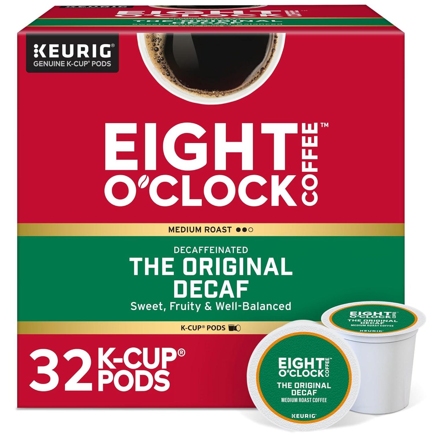Eight O'Clock Coffee, The Original Decaf, Single Serve Keurig K-Cup Pods, Medium Roast, 32 Count