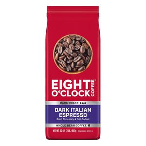 Eight O'Clock Coffee Dark Italian Espresso Whole Bean Coffee, Medium Roast, 32oz, Pack of 1, Bold & Chocolaty