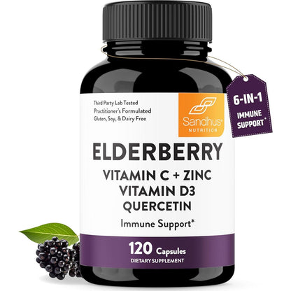 Sandhu’s Elderberry Vitamin C & Zinc Capsules, 120 Count, Immune Support, Includes Quercetin & Vitamin D3