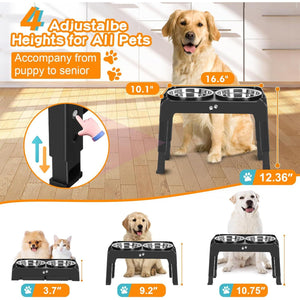 Adjustable Raised Dog Bowls with 2 Stainless Steel 50 oz Bowls 4 Heights from 3 to 12.36 Inches Black