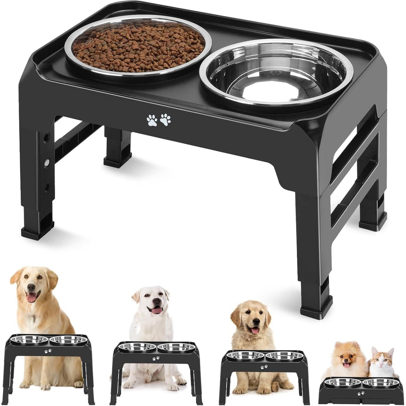 Adjustable Raised Dog Bowls with 2 Stainless Steel 50 oz Bowls 4 Heights from 3 to 12.36 Inches Black